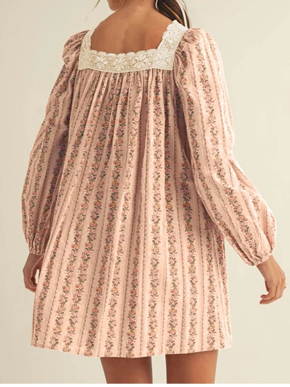 Peach Floral Long-Sleeve Peasant Dress with Velvet Bow & Lace Trim - Picture 9 of 13
